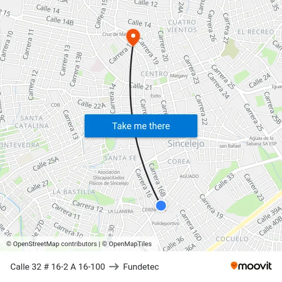 Calle 32 # 16-2 A 16-100 to Fundetec map