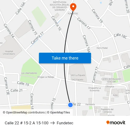 Calle 22 # 15-2 A 15-100 to Fundetec map