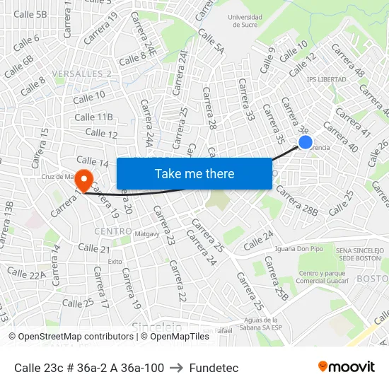 Calle 23c # 36a-2 A 36a-100 to Fundetec map
