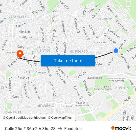 Calle 25a # 36a-2 A 36a-28 to Fundetec map