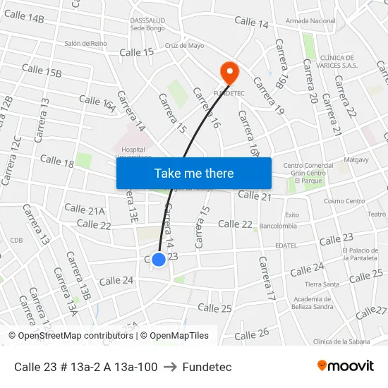 Calle 23 # 13a-2 A 13a-100 to Fundetec map