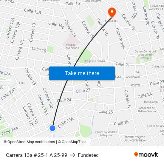Carrera 13a # 25-1 A 25-99 to Fundetec map