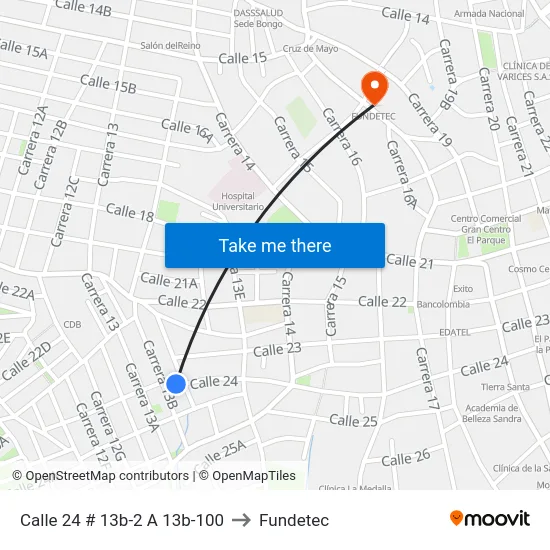 Calle 24 # 13b-2 A 13b-100 to Fundetec map