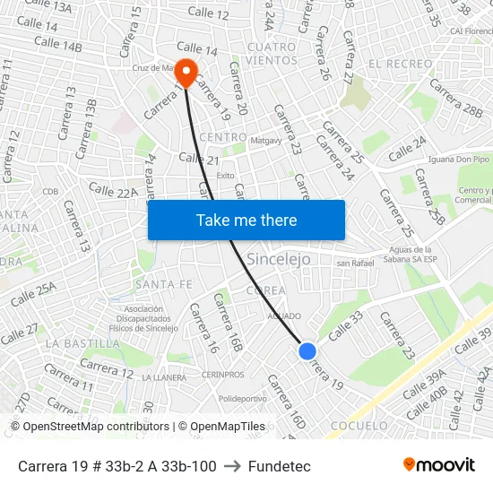 Carrera 19 # 33b-2 A 33b-100 to Fundetec map