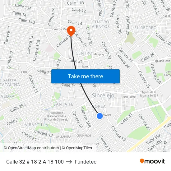 Calle 32 # 18-2 A 18-100 to Fundetec map