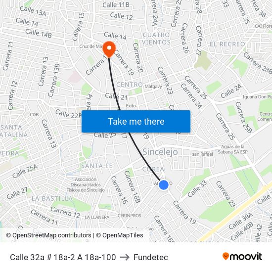 Calle 32a # 18a-2 A 18a-100 to Fundetec map