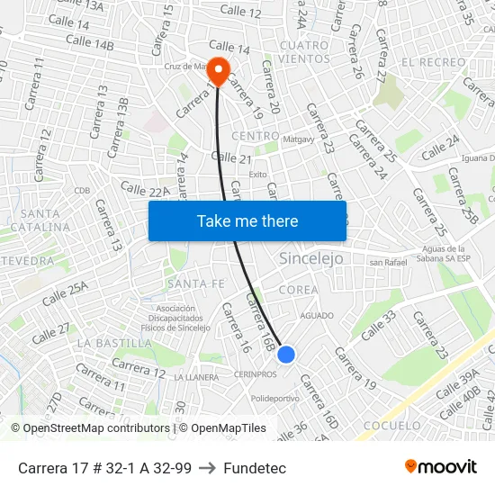 Carrera 17 # 32-1 A 32-99 to Fundetec map