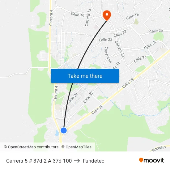 Carrera 5 # 37d-2 A 37d-100 to Fundetec map