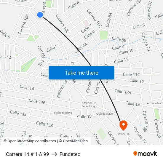 Carrera 14 # 1 A 99 to Fundetec map