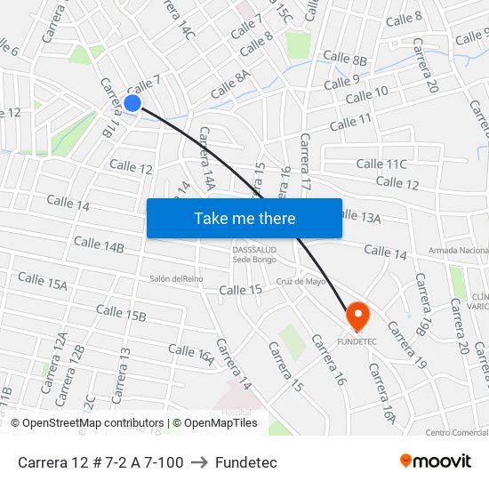 Carrera 12 # 7-2 A 7-100 to Fundetec map