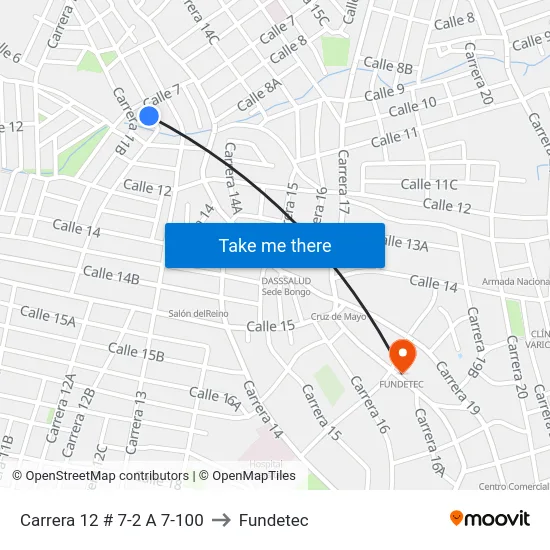 Carrera 12 # 7-2 A 7-100 to Fundetec map
