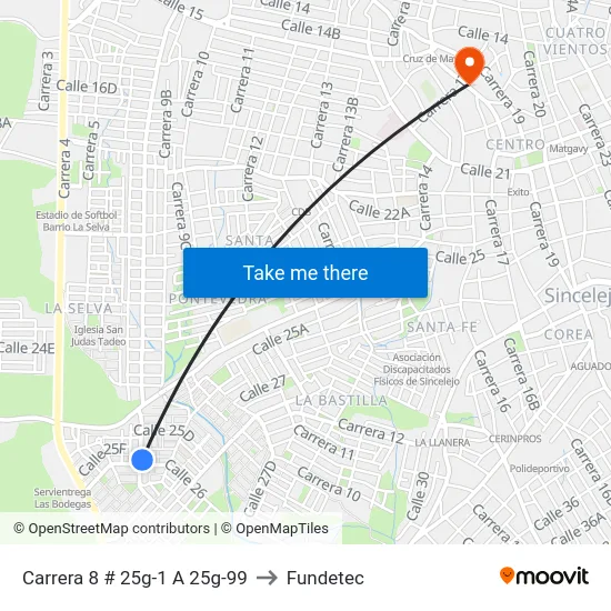Carrera 8 # 25g-1 A 25g-99 to Fundetec map