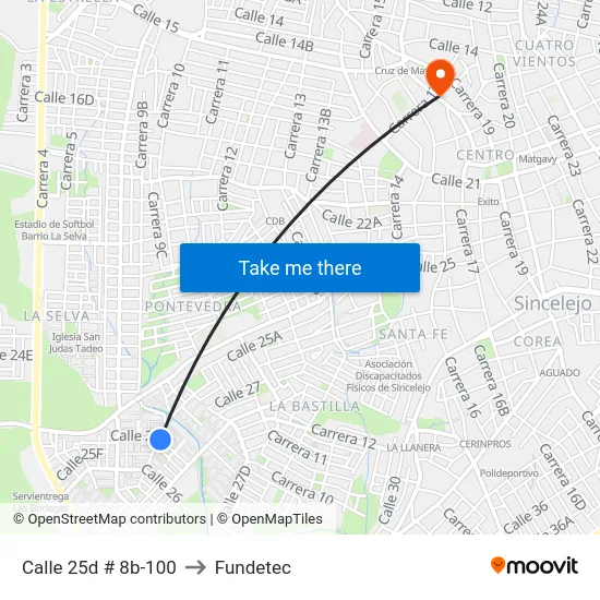 Calle 25d # 8b-100 to Fundetec map