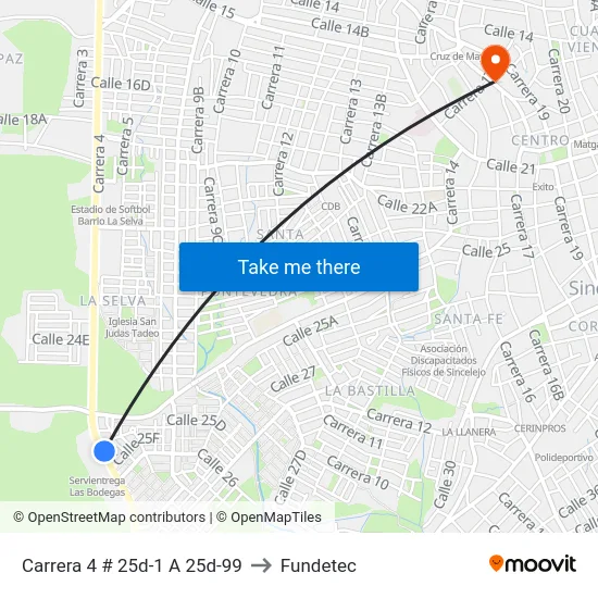 Carrera 4 # 25d-1 A 25d-99 to Fundetec map