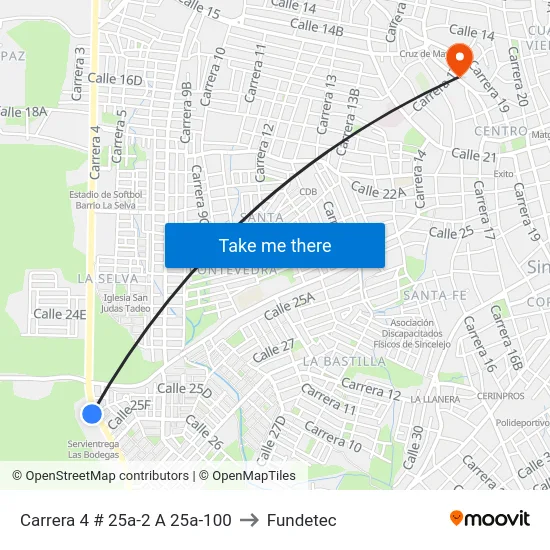 Carrera 4 # 25a-2 A 25a-100 to Fundetec map