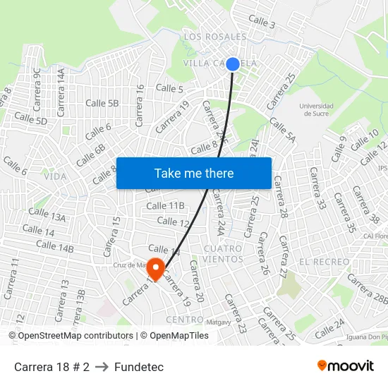 Carrera 18 # 2 to Fundetec map