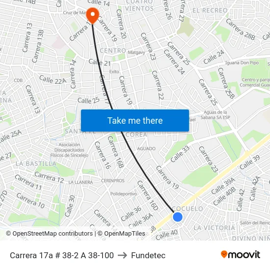 Carrera 17a # 38-2 A 38-100 to Fundetec map