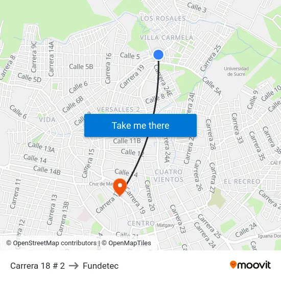 Carrera 18 # 2 to Fundetec map