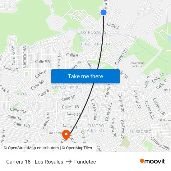 Carrera 18 - Los Rosales to Fundetec map