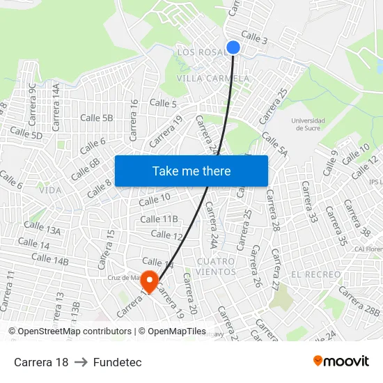Carrera 18 to Fundetec map