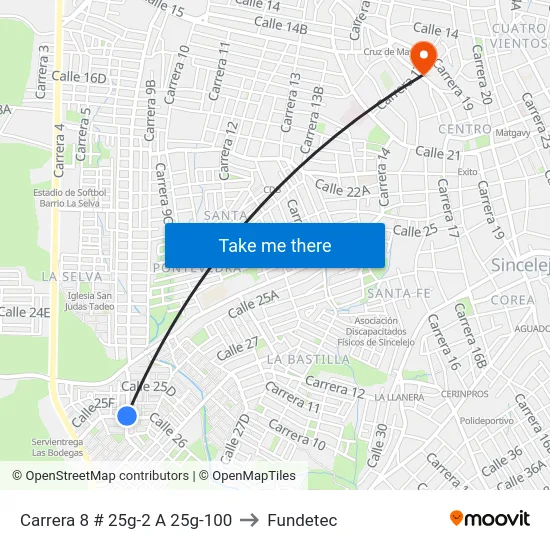 Carrera 8 # 25g-2 A 25g-100 to Fundetec map