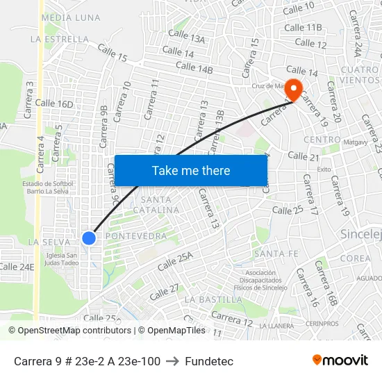 Carrera 9 # 23e-2 A 23e-100 to Fundetec map