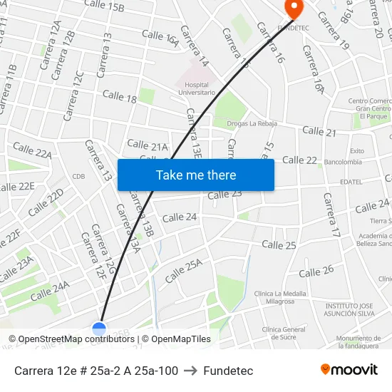 Carrera 12e # 25a-2 A 25a-100 to Fundetec map
