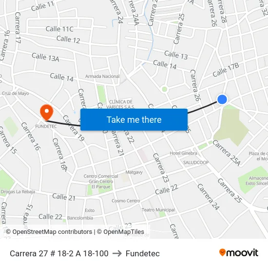 Carrera 27 # 18-2 A 18-100 to Fundetec map