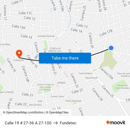 Calle 19 # 27-36 A 27-100 to Fundetec map
