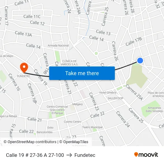 Calle 19 # 27-36 A 27-100 to Fundetec map