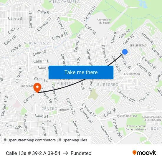 Calle 13a # 39-2 A 39-54 to Fundetec map