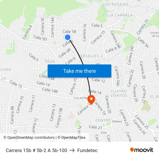 Carrera 15b # 5b-2 A 5b-100 to Fundetec map