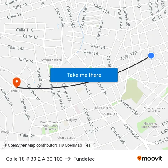 Calle 18 # 30-2 A 30-100 to Fundetec map