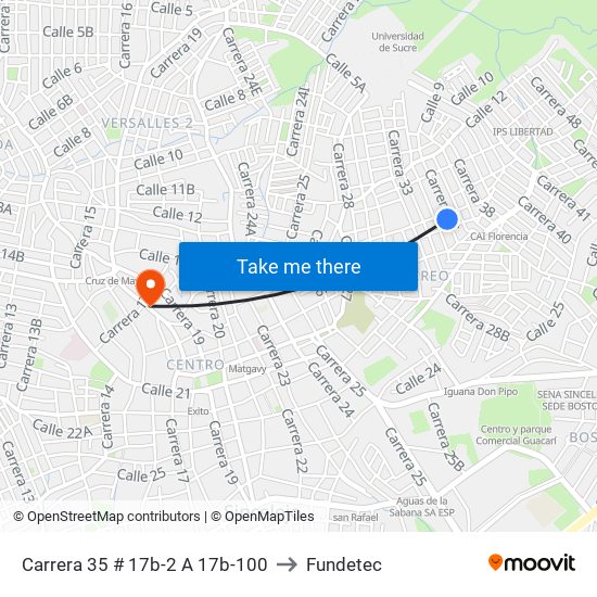 Carrera 35 # 17b-2 A 17b-100 to Fundetec map