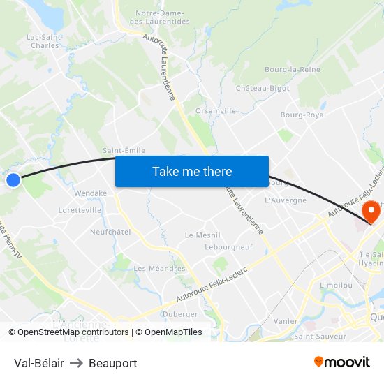 Val-Bélair to Beauport map