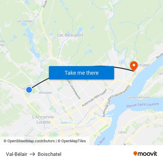 Val-Bélair to Boischatel map