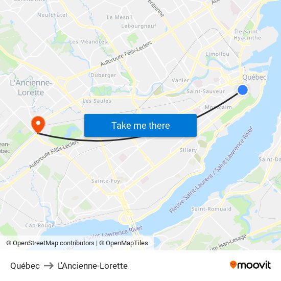 Québec to L'Ancienne-Lorette map