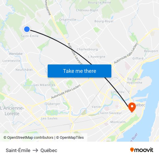 Saint-Émile to Québec map