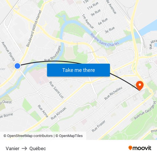 Vanier to Québec map