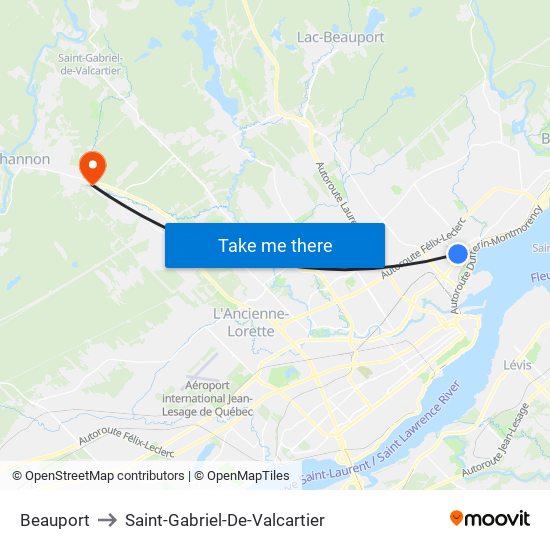 Beauport to Saint-Gabriel-De-Valcartier map