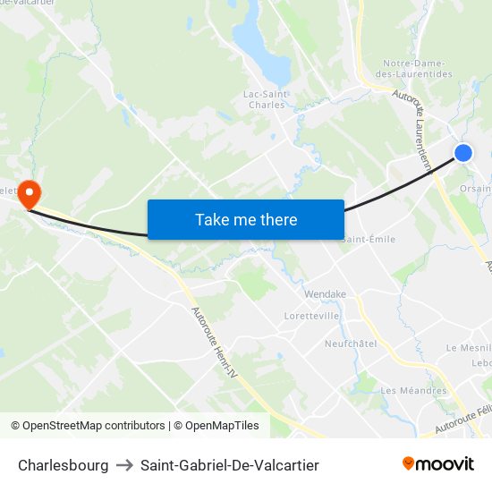 Charlesbourg to Saint-Gabriel-De-Valcartier map