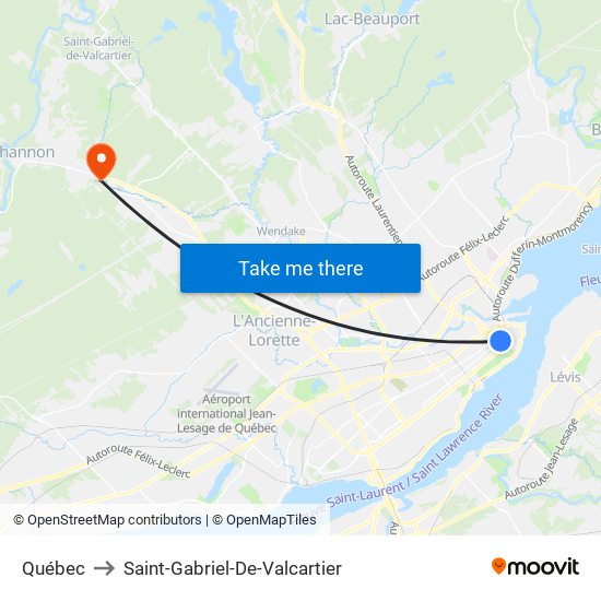 Québec to Saint-Gabriel-De-Valcartier map
