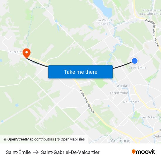 Saint-Émile to Saint-Gabriel-De-Valcartier map