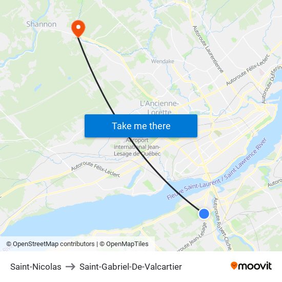 Saint-Nicolas to Saint-Gabriel-De-Valcartier map