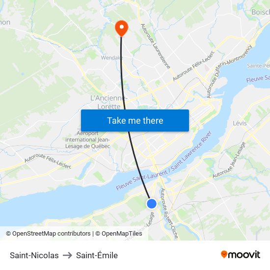 Saint-Nicolas to Saint-Émile map