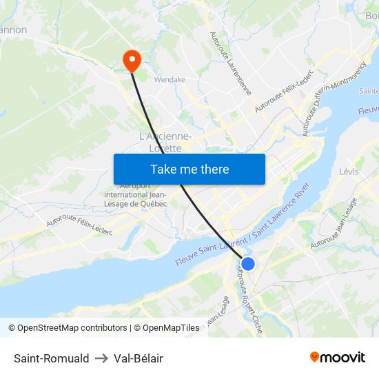 Saint-Romuald to Val-Bélair map