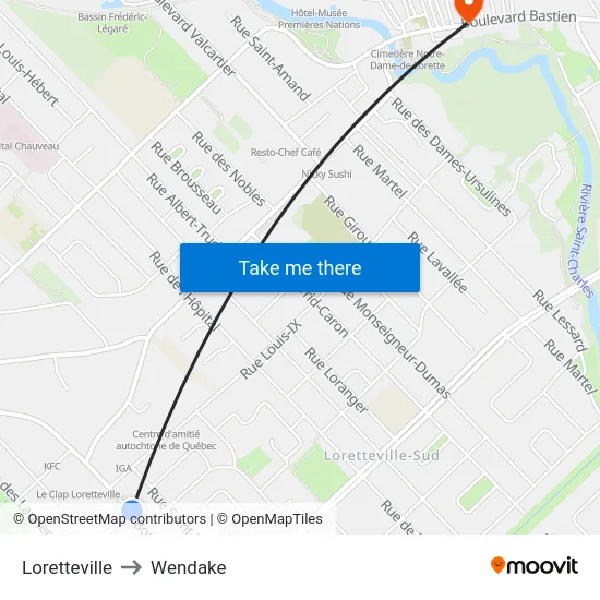 Loretteville to Wendake map