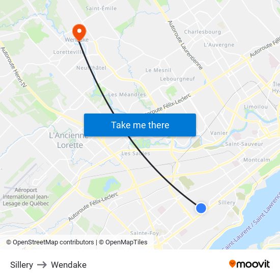 Sillery to Wendake map