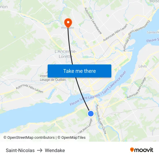 Saint-Nicolas to Wendake map