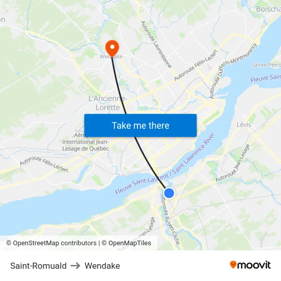 Saint-Romuald to Wendake map